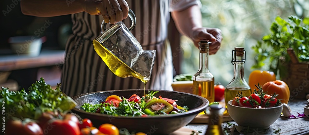 Woman adding olive oil to her healthy salad. Copy space image. Place for adding text