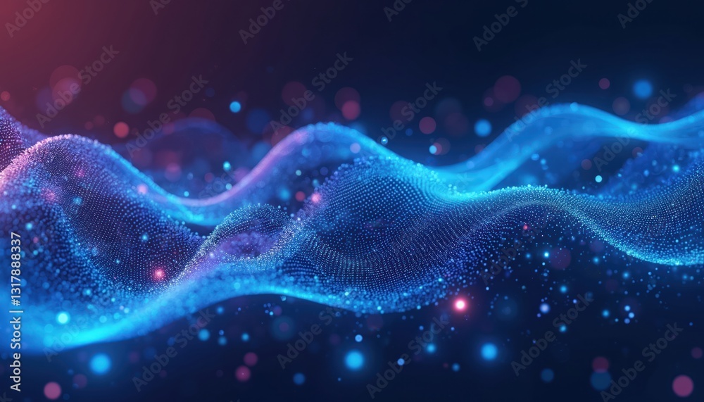Blue fractal glowing particle waves illustration for modern hi-tech presentation template SharePoint header. Futuristic wallpaper backdrop with dark energy light, motion. Abstract science background.
