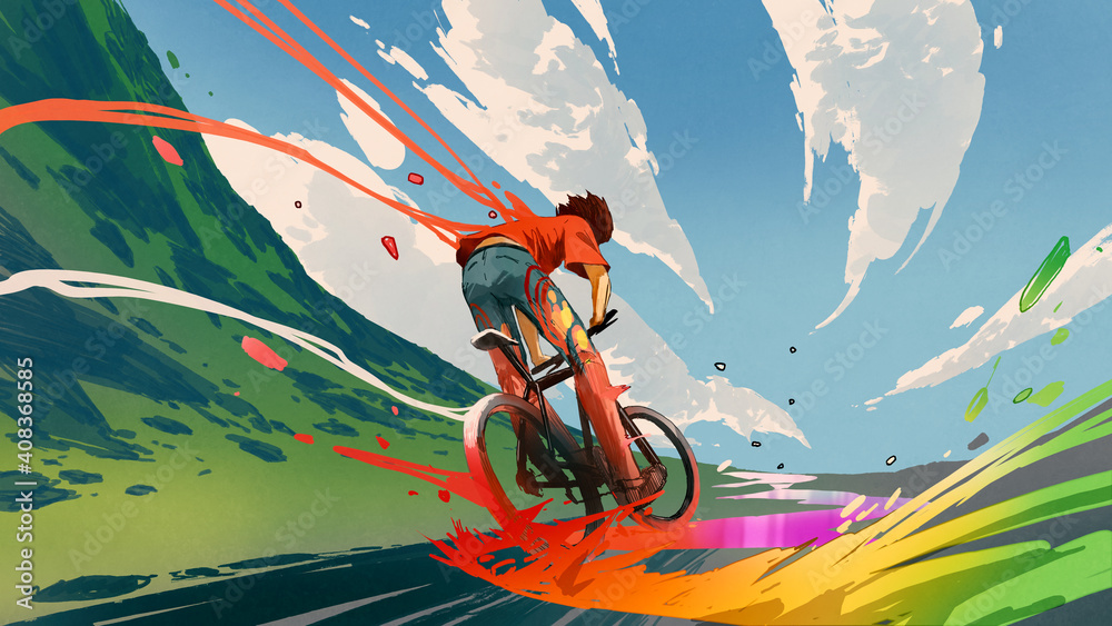 young man riding a bicycle with a colorful energy, digital art style, illustration painting