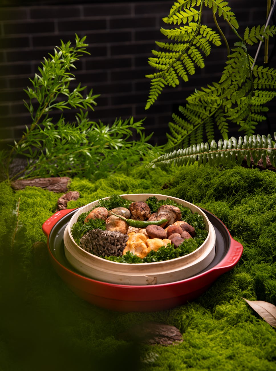 gourmet mushrooms and greens in natural setting