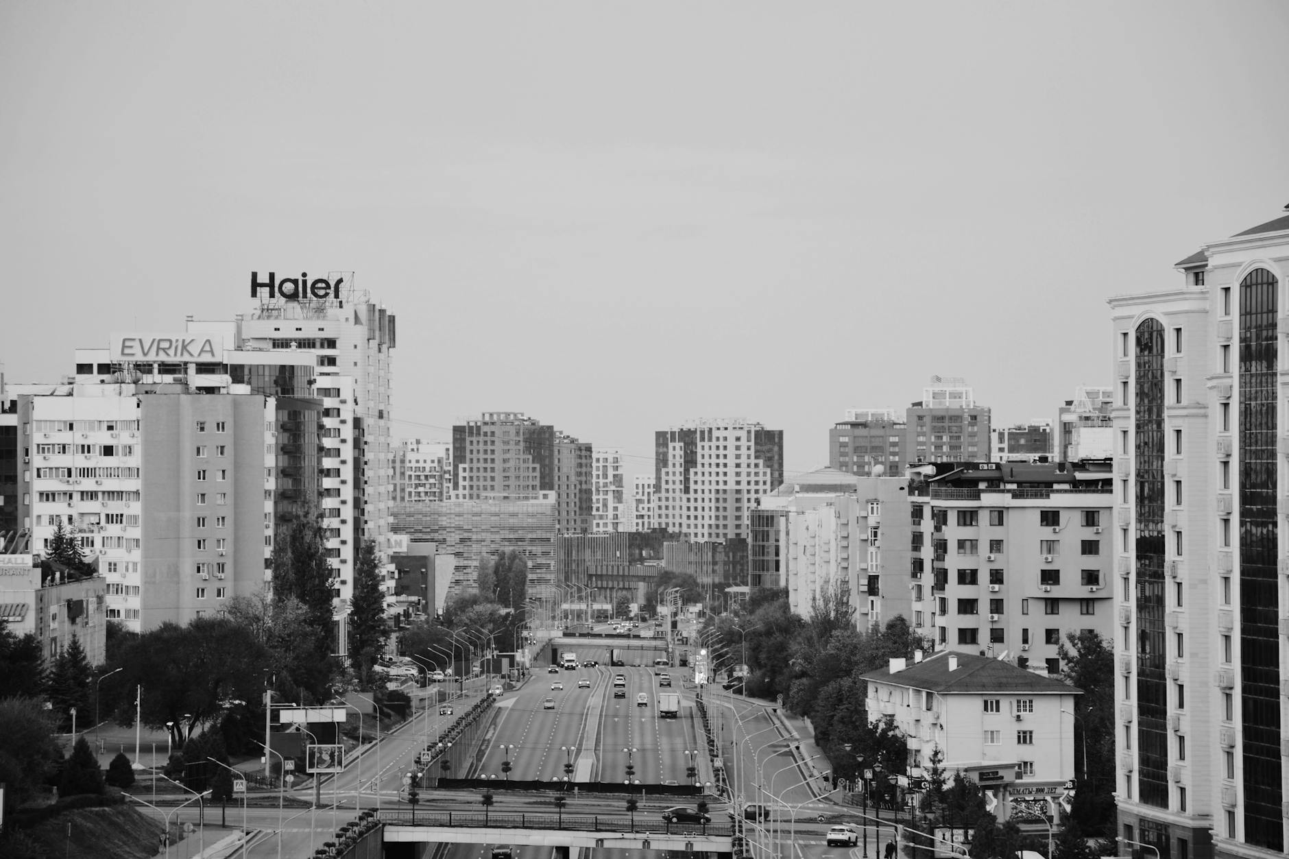 black and white cityscape of almaty kazakhstan